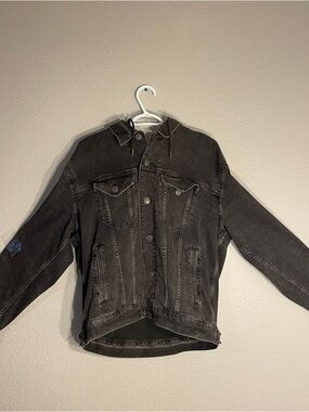American Eagle Outfitters Denim Jacket Mens Large Black Hooded Biker AirFlex+